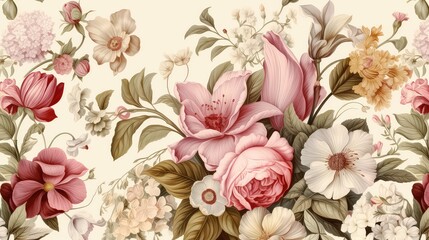 Wall Mural - Seamless floral pattern with flowers and leaves in pastel colors