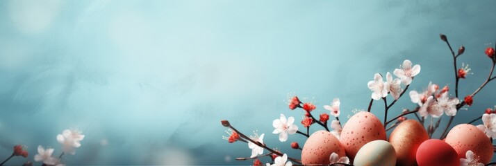 Wall Mural - Spring easter background with painted eggs and flowers. Holiday wallpaper