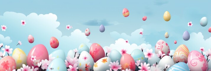 Canvas Print - Easter background colorful eggs on meadow with beautiful sky.