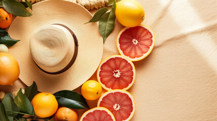 Wall Mural - Straw hat adorned with vibrant citrus fruits on a soft background