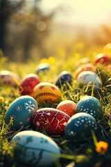Wall Mural - bright easter eggs in green grass