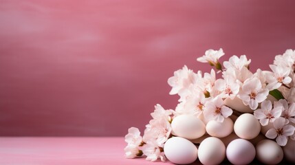 Wall Mural - Easter eggs and flowers flat lay on pink background