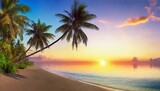 Fototapeta Zwierzęta - paradise beach with palm trees and calm ocean at dawn or sunset panoramic banner of a peaceful landscape generative ai