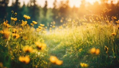 Wall Mural - abstract soft focus sunset field landscape of yellow flowers and grass meadow warm golden hour sunset sunrise time tranquil spring summer nature closeup and blurred forest background idyllic nature