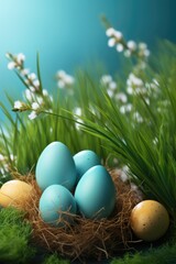 Wall Mural - Easter background with Easter eggs in bird nest. Spring holiday