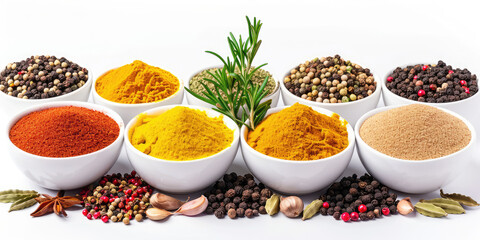 Assortment of different dry spices with leaf in white ceramic round cups on a white background. Spicy and savory spices for cooking and seasoning dishes.