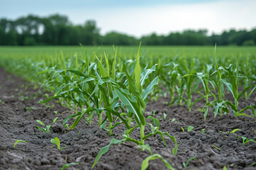 Wall Mural - Young corn plants growing on the field on a sunny day. Selective focus.