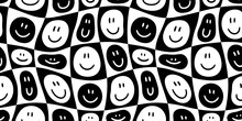 Funny Smiling Happy Face Checkered Seamless Pattern. Retro Psychedelic Checker Board Tile Smile Icon Background Texture. Black And White Cartoon Doodle Wallpaper.