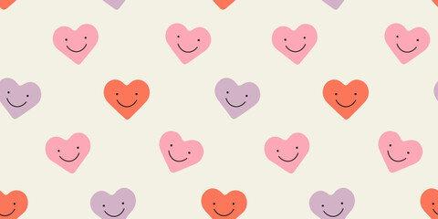 Leinwandbilder - Red love heart seamless pattern illustration with funny smiling face. Doodle hearts background print. Valentine's day holiday backdrop texture, romantic wedding design.	