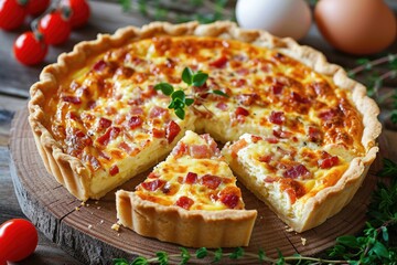 Wall Mural - Lorraine Elegance: Savor the Delight of Quiche Lorraine, a Savory Tart with a Butter Crust, Filled with Eggs, Cream, Bacon, and Swiss Cheese - A Culinary Masterpiece.

