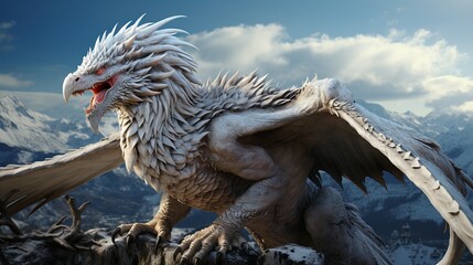 Wall Mural - White dragon stands on the top of the mountain. A huge dangerous animal with large sharp wings.