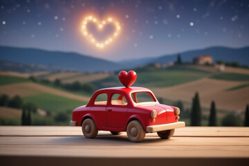 Wall Mural - Scene of a wooden toy car with a red heart on the roof, resting on a wooden table, blurred background of an Italian countryside - Valentine's day