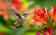 AI generated illustration of the beauty of a hummingbird in flight near a cluster of red flowers