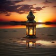 oriental lamp in sand at ramadan night, landscape with bright sunset background for invitation card for islamic holiday celebrations with copy space - Generative AI