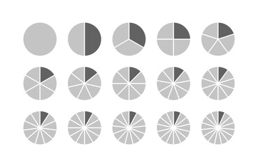 Wall Mural - Gray circle chart. Circular structure divided into pieces. Round section graph. Pie diagram template. Set schemes. Piechart with segments and slices. Vector illustration