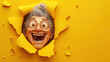 A crazy laughing grandma looks through a hole in a yellow wall, smiling, cartoon illustration