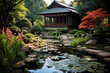Japanese garden with pond and gazebo in the background.