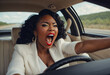 glamorous black woman screaming while driving a car