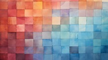 Watercolor Painting In Cubic Style, Geometric Patterns In The Style Of Tiles And Mosaics. Abstract Background In Red And Blue Colors, Modern Illustration