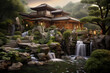 Landscape of a Japanese garden with a waterfall and a beautiful house in the forest