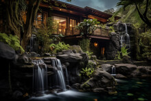 Beautiful Waterfall In A Tropical Garden At Night. Country House In A Tropical Climate