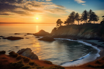 Wall Mural - Coniferous trees on a steep hill against the backdrop of the sea and sunset