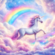 A magical unicorn in a gorgeous sky filled with fluffy clouds and rainbows. ai generative