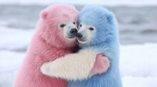Two polar bears in a pastel-colored embrace on a snowy backdrop.