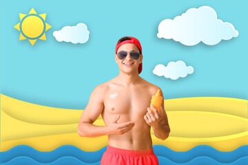 Wall Mural - Handsome young man with sunscreen cream on drawn sea beach