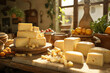 © ADDICTIVE STOCK - Generative AI illustration of variety of cheese blocks stacked on a plate with crumbles around in a rustic kitchen with fruits in the background