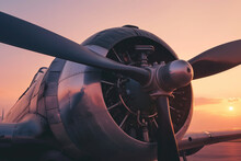 Sunset Glow On Vintage Airplane Propeller. Generative AI.