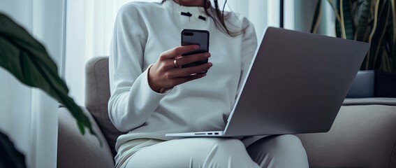 Wall Mural - professional woman using smartphone using laptop while online shopping. generative AI