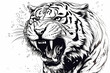 Close up of the head of a snow white tiger angry ferocious and mean ready to attack roar angry black and white illustrated hand drawn wild animal in monochrome style ai, generative, generative ai