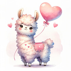 Cute llama with pink  heart-shaped balloon. Watercolor illustration for greeting cards and children's decor, stickers, nursery art. For Birthday, Valentine's Day and Mother’s day cards and  invitation