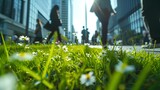 A lush urban green space flourishes with vibrant wildflowers, showcasing biodiversity amidst the concrete jungle of a bustling city center.