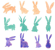 Set Of Easter Rabbits Handmade Watercolor Painting Illustration
