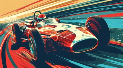 Canvas Print -  a painting of a racing car on a race track with motion blurs around the car and the driver in the driver's seat is in the front of the car.