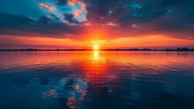 A Breathtaking Panoramic View Of The Sun Rising Over A Tranquil Lake, Casting Warm Hues Across The Water. [Lake Sunrise Panorama]