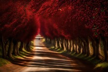 Red Trees On Both Sides On The Road