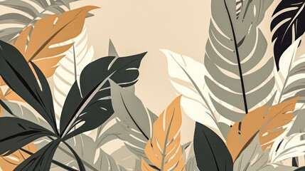 Wall Mural - Watercolor exotic leaves on a soothing beige background