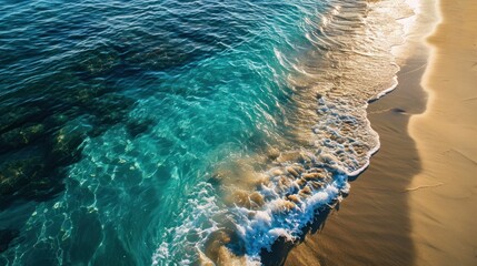 Poster -  an aerial view of a beach with a wave coming in to the shore and a boat in the water at the end of the beach and a sandy shore line.