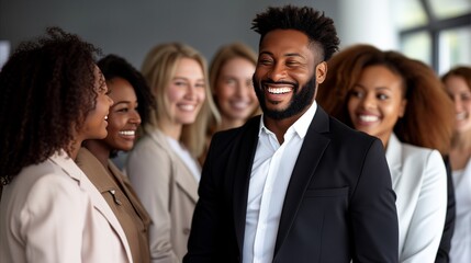 Happy african american business man in front of business team.