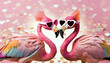 zwei, flamingos, ehepaar, close up, cartoon, hintergrund, copy space, karte, reklame, werbung, sonnenbrille, pink, valentin, day, herzen, liebe, 3d
