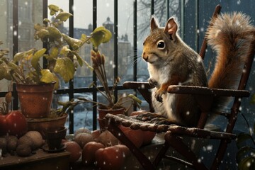  a squirrel sitting on top of a wooden chair next to a potted plant and a potted plant in front of a metal fence with snow falling on it.