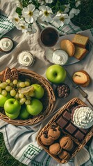 Poster - A picnic table with various foods and desserts. Generative AI.