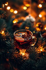 Poster - A cup of hot tea is sitting on a christmas tree. Generative AI.