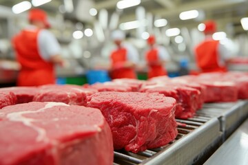 Poster - Meat is being cut on a conveyor belt in an industrial setting. Generative AI.