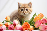 Fototapeta Zwierzęta - A cute and funny tabby kitten is surrounded by a bouquet of tulips on a white background. Postcard design for March 8, Mother's Day and spring holidays with place for text, copyspace