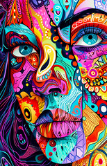  Abstract woman face Illustrated, in colorful Mandala pattern, cubism art, Maori Art 