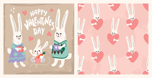 Valentine's Day Collection With Bunny Family.Cartoon Greeting Card With Cute Animal Characters And Hand Lettering.Romantic Seamless Pattern With Hearts And Hare Heads.Hand Drawn Vector Illustration.